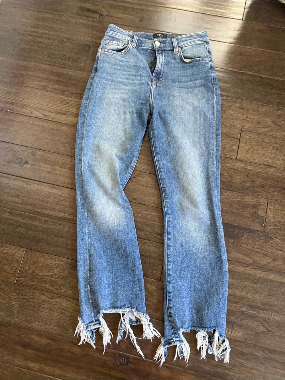 7 For All Mankind Light Blue Straight-Leg Jeans with Frayed Hem